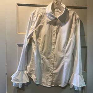 Newport News White Ruffle Cuff Button-Up Blouse